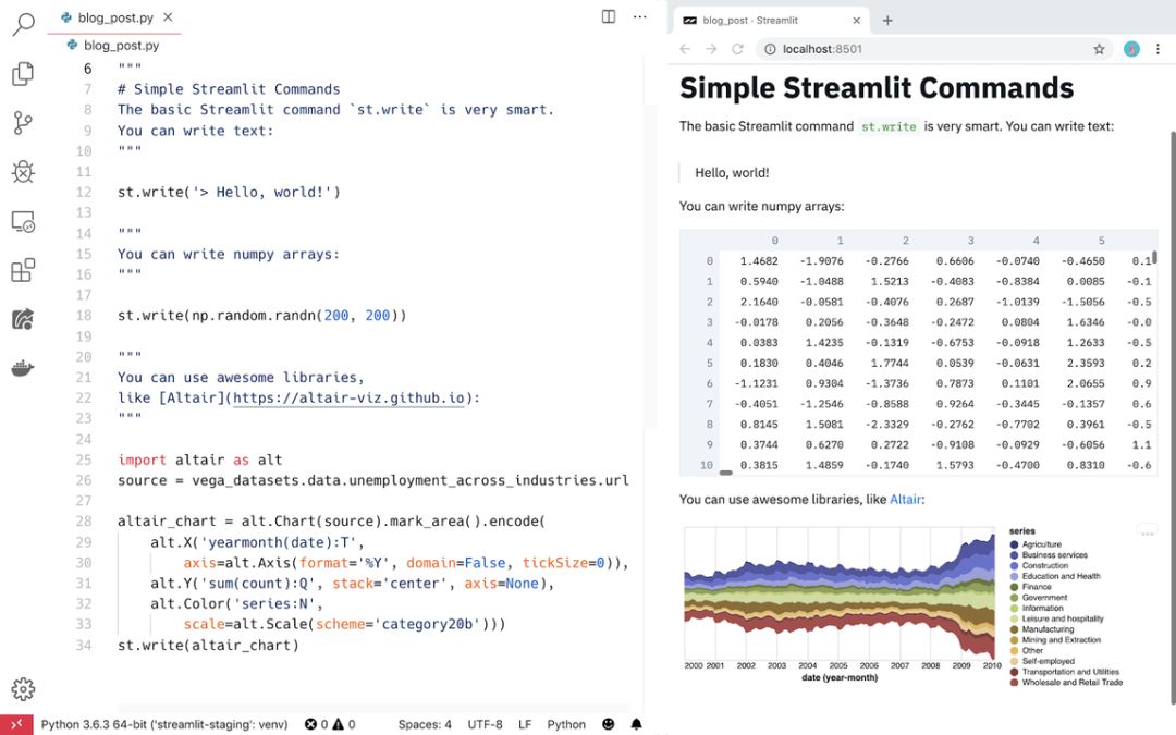 我用 Streamlit 构建 app 时喜欢用 VSCode 编辑器（左）和 Chrome（右）